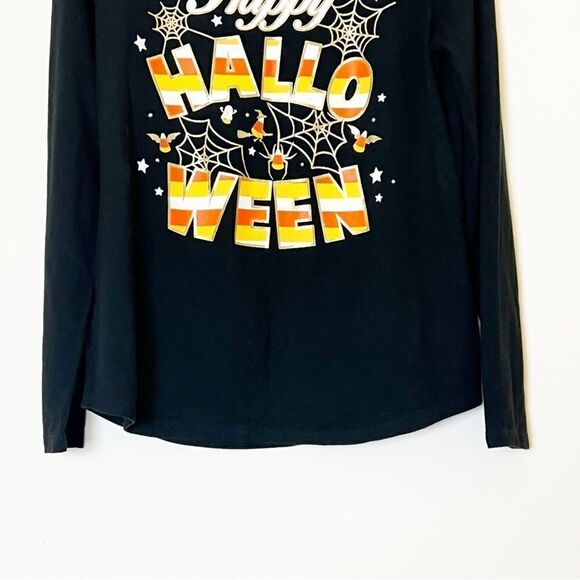 Pumpkin Happy Halloween Gold Spider Web Long Sleeve Candy Corn T-Shirt, Size M - Picture 3 of 7